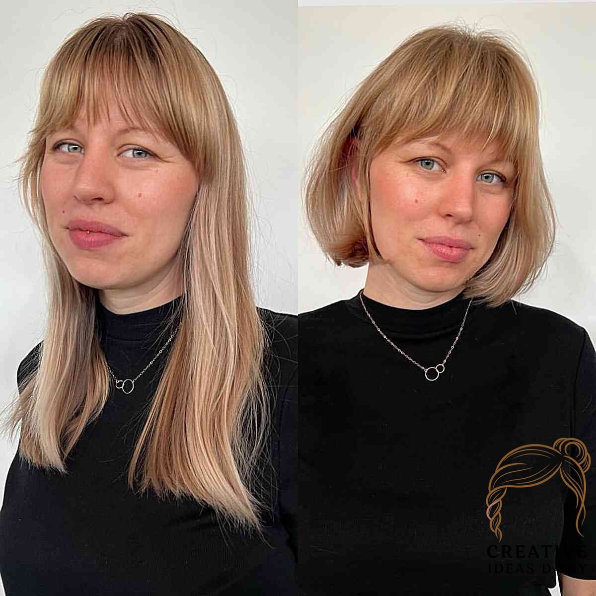 Bottleneck Bangs on Honey Blonde Bobbed Hair