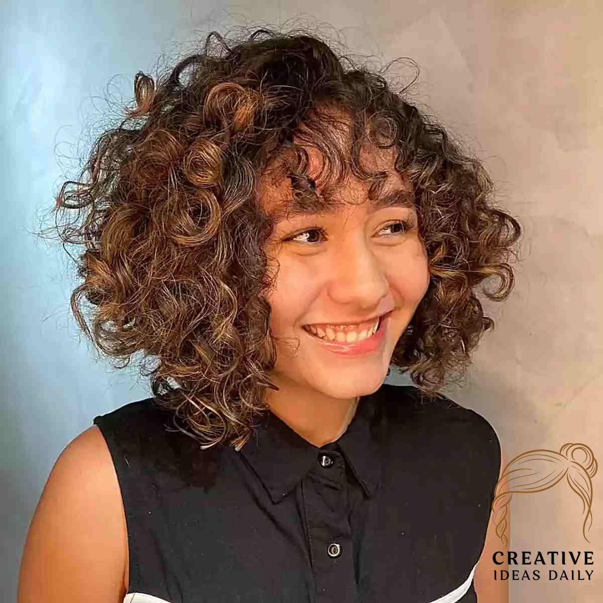 Graduated Short Curly Hair and Curly Bangs