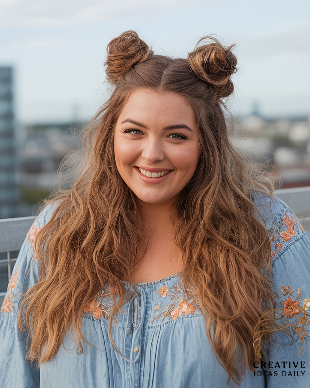 Half Up Space Buns For Long Thick Hair