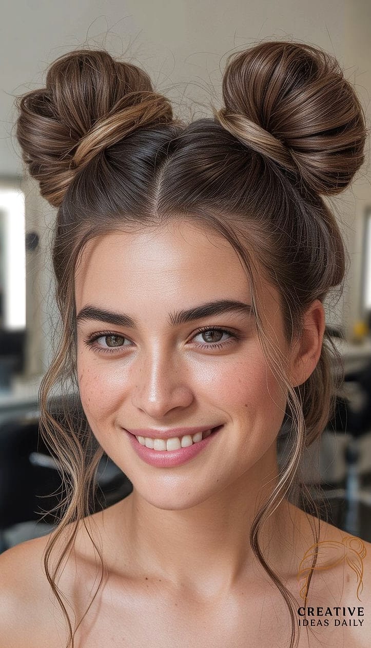 Half Up Space Buns For Long Thick Hair
