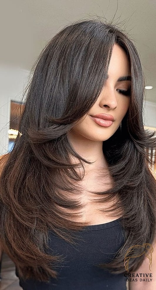 Long Hair with Face-Framing Curtain Layers and Balayage