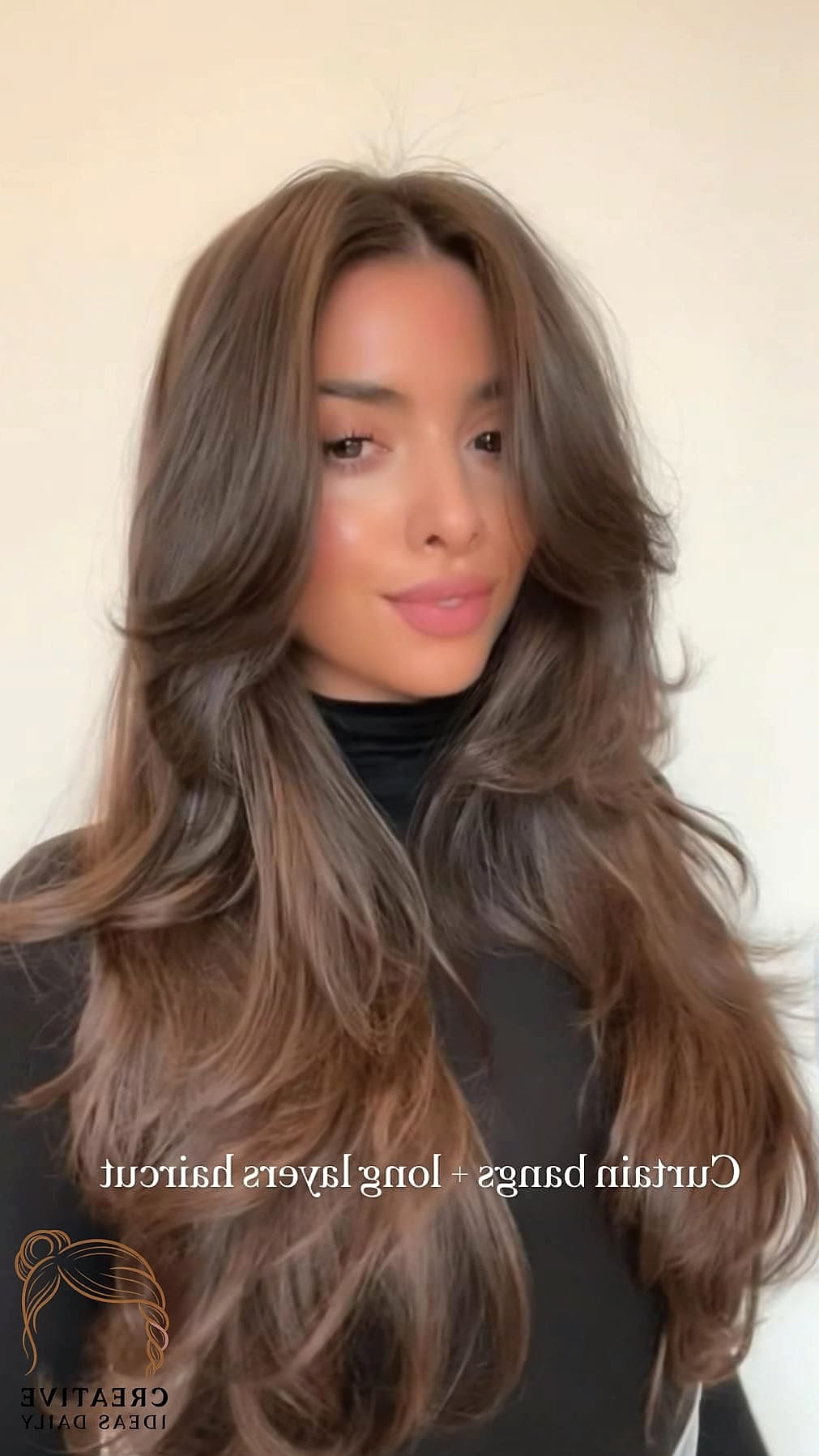 Long Hair with Soft Curtain Bangs and Blunt Ends