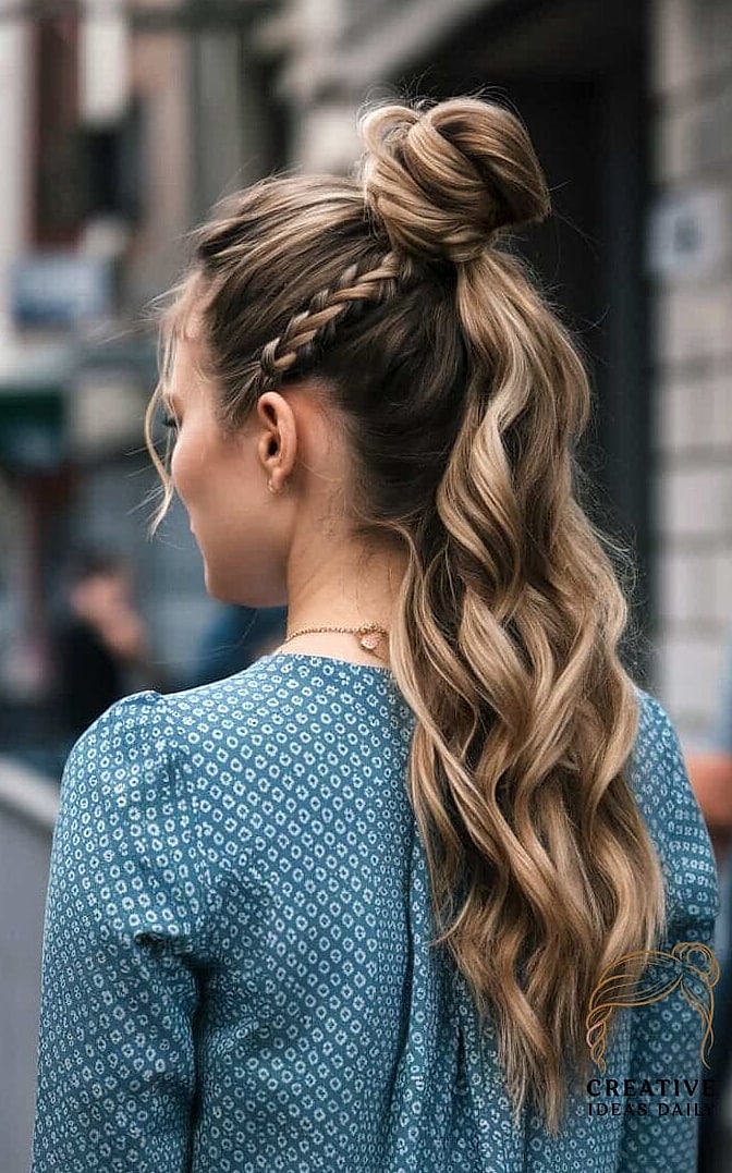 Long Hair Top Knot With Loose Strands