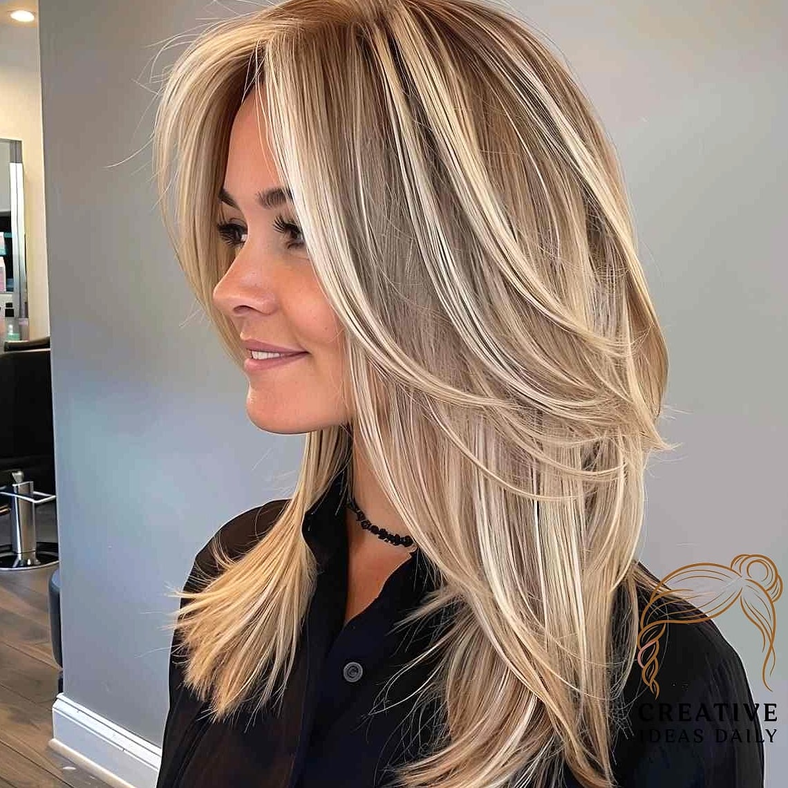Long Layers with Curtain Bangs and Balayage