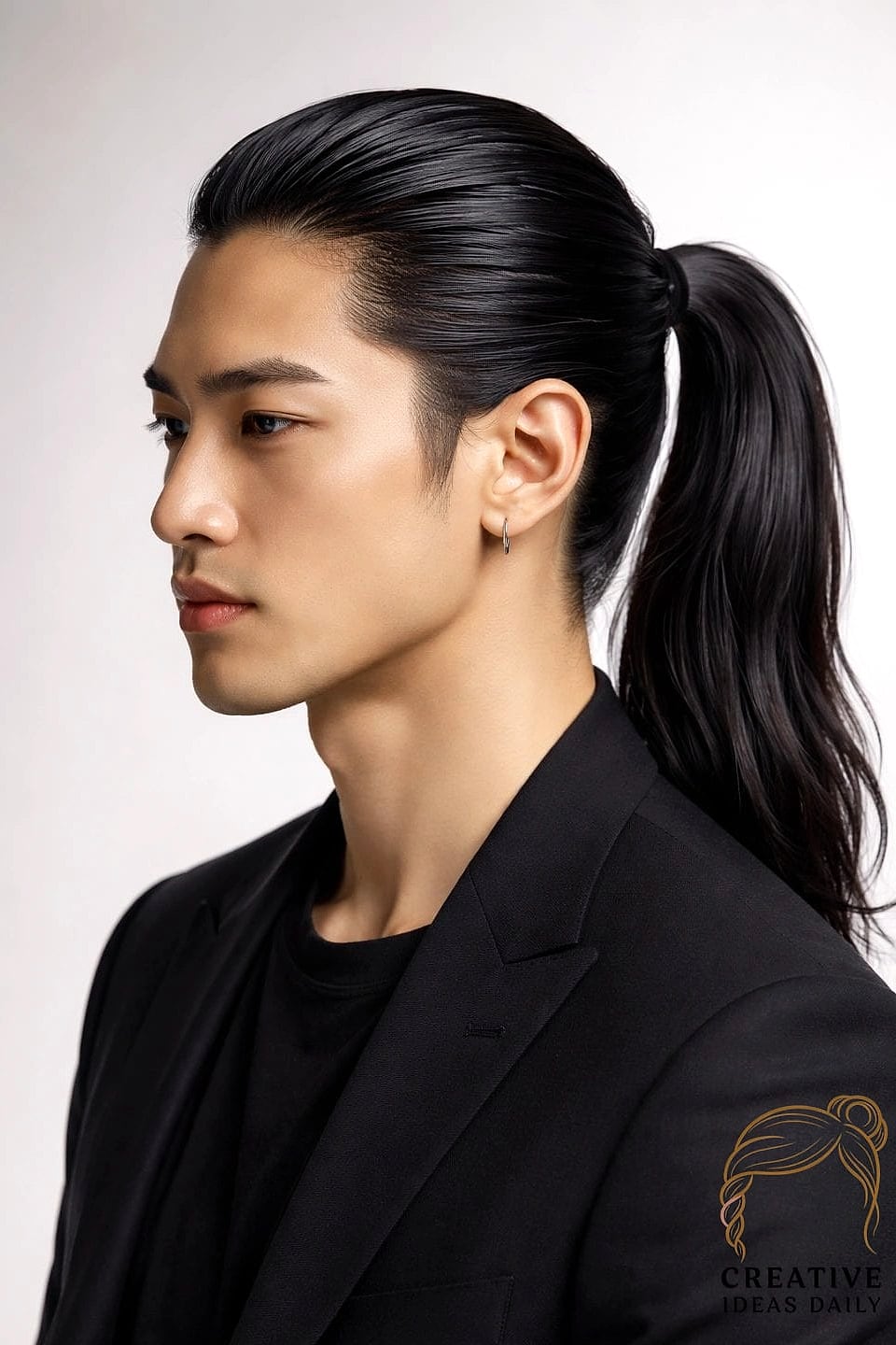 27 Long Hair Men Style Ideas That Every Stylist Needs to See 20 Slicked Ponytail with Baby Hairs