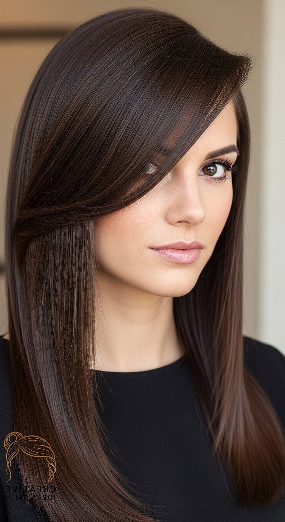 Straight Hair With A Deep Side Swept Fringe
