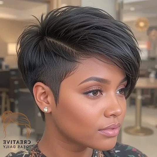 A Thick, Edgy Pixie with Side-Swept Fringe