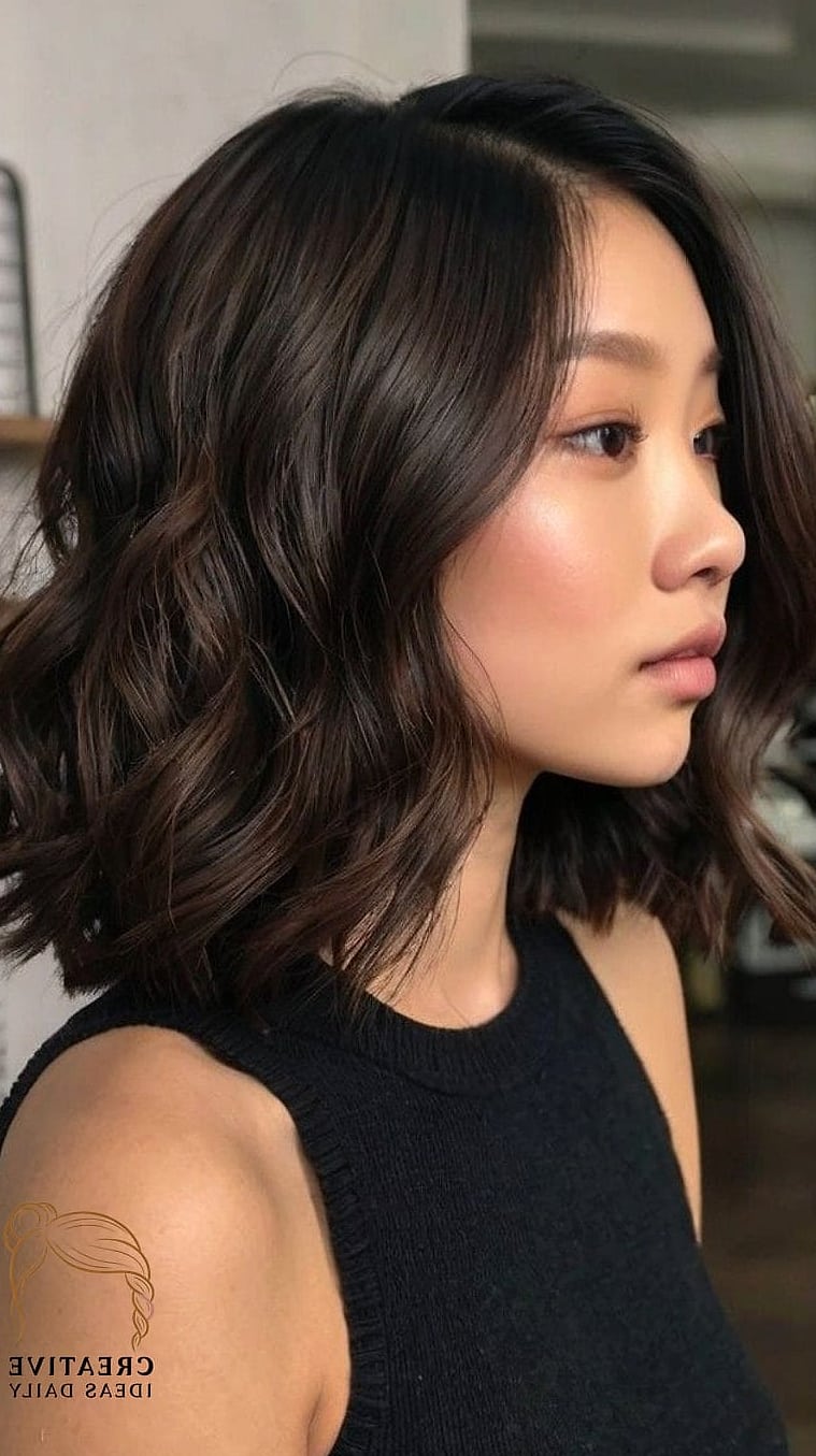 21 Asian Short Hair Ideas That Are Trending Right Now 19 Wavy Lob with Curtain Bangs